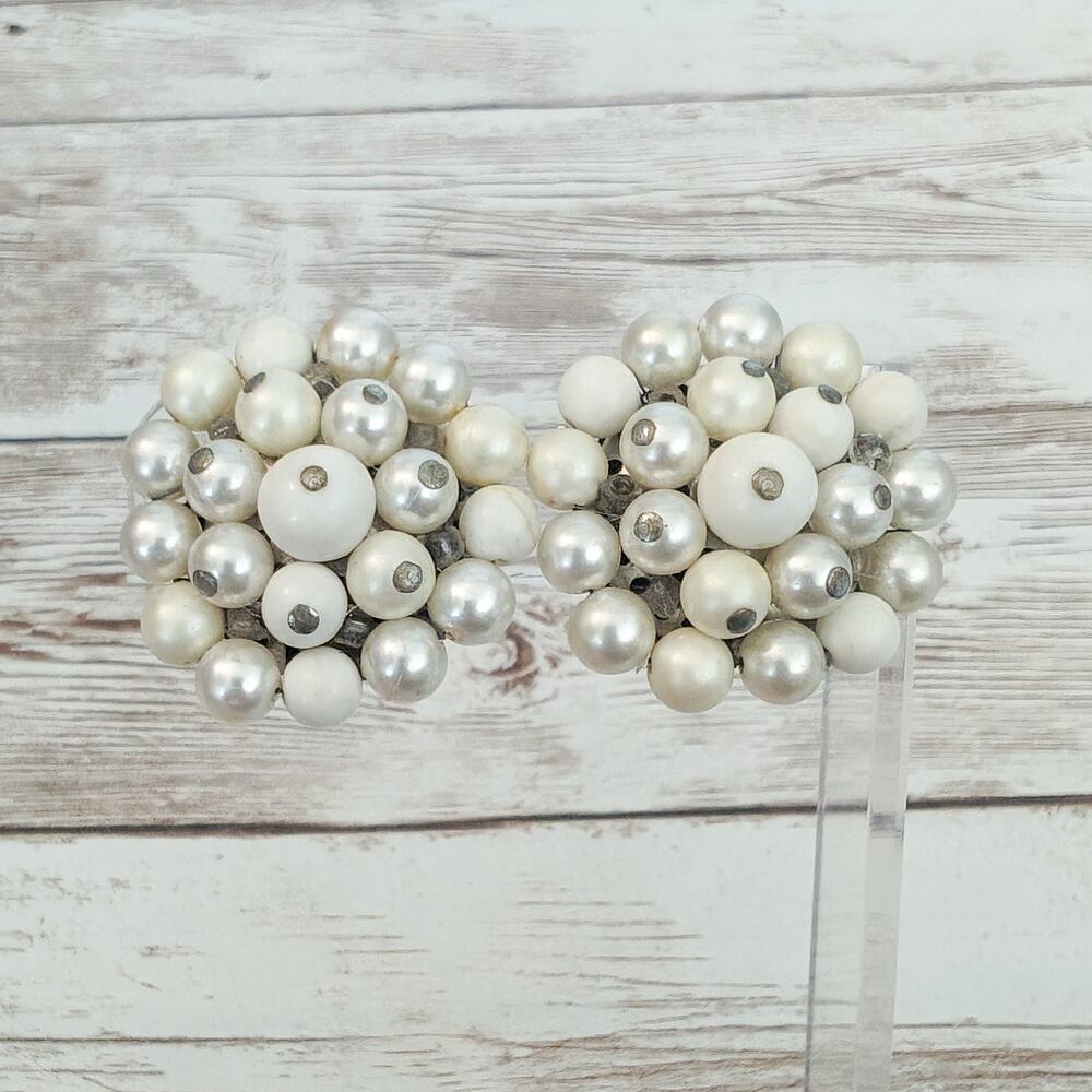 Vintage Clip On Earrings - Large Beaded Off White & Cream Tones 1 & 1/8"